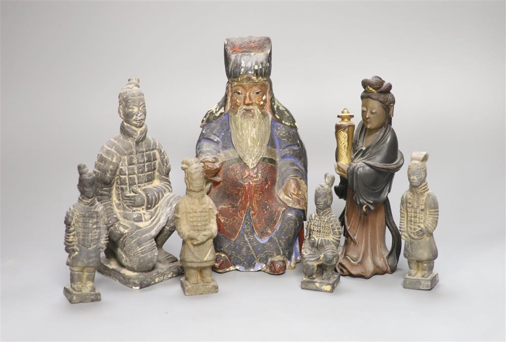 Five various Chinese pottery figures, a composite figure and a painted wood figure, tallest 20cm